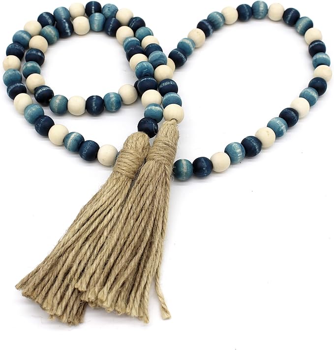 CVHOMEDECO. Wood Beads Garland with Tassels Farmhouse Rustic Wooden Prayer Bead String Wall Hanging Accent for Home Festival Decor. Blue Mix Distressed