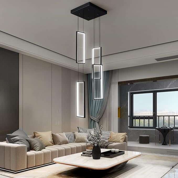 Modern Kitchen Island Dimmable Pendant Light Fixture Black 54W LED Pendant Lights 4 Rings Rectangular Chandelier Staircase Large Chandelier Lobby Living Room Foyer High Ceiling Chandeliers
