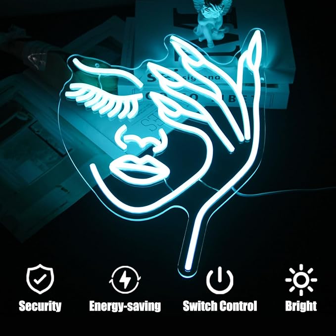 Woman Face Neon Sign Nails Finger LED Signs Lady Lash Neon Light Blue Dimmable Nail Gesture Neon Wall Sign for Bedroom Girls Room Beauty Salon Decor Aesthetic Wall Art Gifts