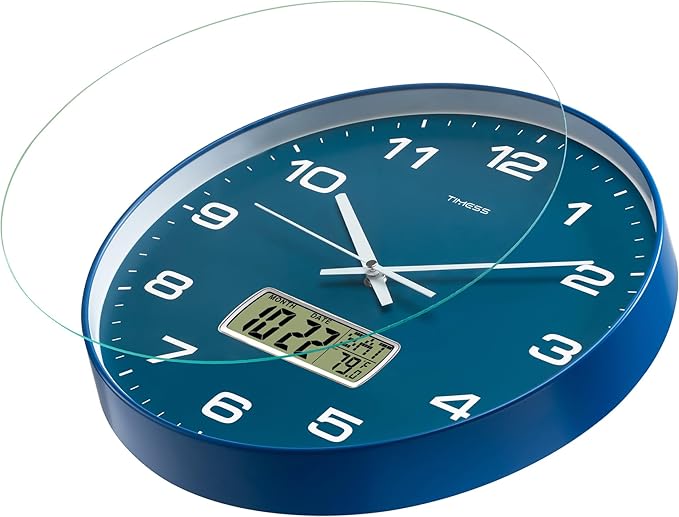 Wall Clock, 14" Large Dial Non-Ticking Silent Battery Operated Analog with LCD Display for Perpetual Calendar and F° Temperature, Ideal Modern Home, Bedroom, Kitchen, Office Decor (Blue)