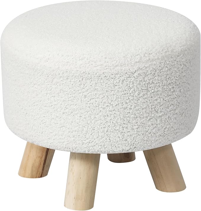 Asense Small Round Ottoman Foot Rest Stool Teddy Velvet Padded Seat Footstool Ottoman with Anti-Slip Wooden Legs (White,Teddy Velvet)