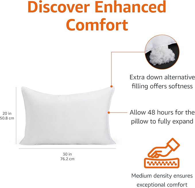 Amazon Basics Down Alternative Bed Pillow, Medium Density for Back and Side Sleepers, Queen - Pack of 2, White, 30 in L x 20 in W