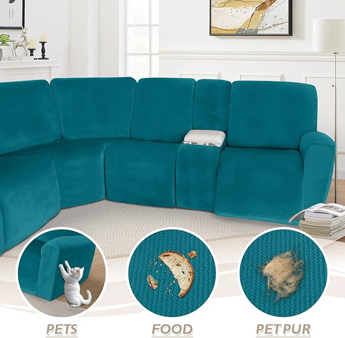 Arfntevss Sectional Recliner Couch Covers Velvet Washable Corner Sectional Sofa Cover for Reclining Couch Stretch Soft Thick L Shape Recliner Slipcover Set (5 Seat with 2 Console Cover, Teal Blue)