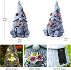 Goodeco Sitting Gnome Holding Flower Statue - Solar Garden Gnomes Decor for Outside with LED Lights, for Women or Moms, Housewarming Gnome Decorations