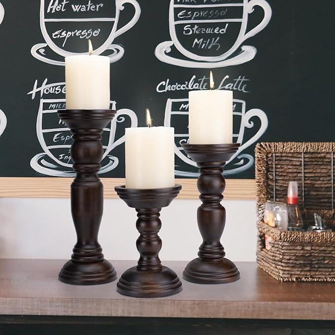 Rustic Wooden Pillar Candle Holders Set of 3, 12'' 9'' 6'' Farmhouse Wood Candle Stand for Table Centerpieces, Vintage Tall Candleholders Fireplace Mantel Decor for Living Room, Dark Brown