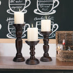 Rustic Wooden Pillar Candle Holders Set of 3, 12'' 9'' 6'' Farmhouse Wood Candle Stand for Table Centerpieces, Vintage Tall Candleholders Fireplace Mantel Decor for Living Room, Dark Brown
