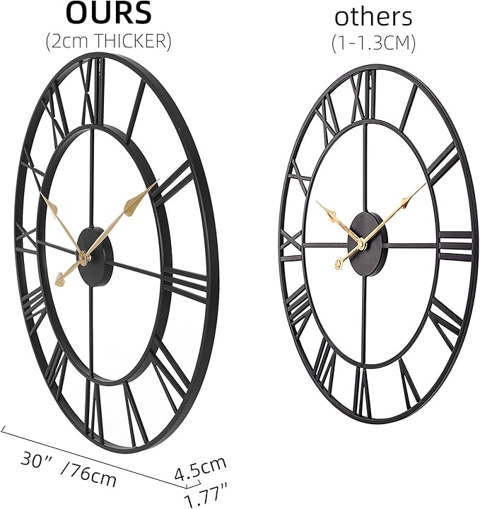 INFINITY TIME 30 Inch Wall Clocks for Living Room Decor, Oversized Modern Black Metal Roman Numeral Wall Clock Decorative(Gold Hands)