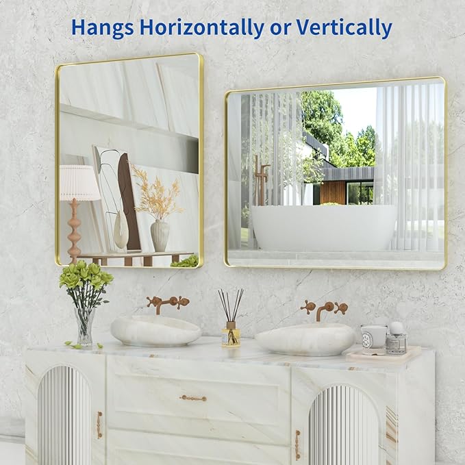 WEER Gold Bathroom Mirror, 40X32 Inch Brushed Gold Metal Frame Mirror, Rounded Rectangle Gold Bathroom Vanity Mirror for Wall, Tempered Glass, Anti-Rust, Hangs Horizontally or Vertically