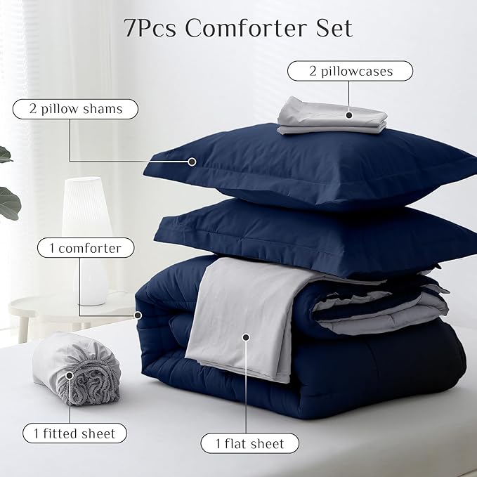 JOLLYVOGUE King Comforter Set, Ultra-Soft Bed in a Bag King Size 7 Pieces, Oeko-TEX Certified Bedding Set with Down Alternative Comforter, Sheets, Pillowcases & Shams, Navy Blue & Light Grey