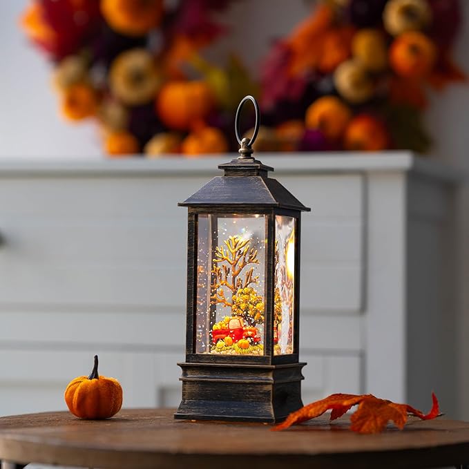 10'' Fall Snow Globe Lantern, Thanksgiving Lighted Lantern, Swirling Glitter Snow Globe for Fall Harvest Day Decorations, Home Fall Decor, Halloween and Gift (Truck&Pumpkins)