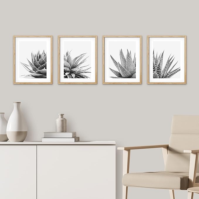 SIGNWIN Framed Black White Snake Plant Agave Cactus Succulent Wall Art, Set of 4 Floral Botanical Wall Decor Prints, Nature Wilderness Wall Décor for Living Room, Bedroom - 8"x10" Natural