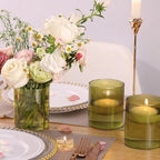 Glass Ribbed Cylinder Vase Set of 6, Bud Vase for Wedding Centerpieces, Green Flower Vases Bulk, Hurricane Floating Candle Holder, Decorative Flower Vase for Table Housewarming Gifts (Green)