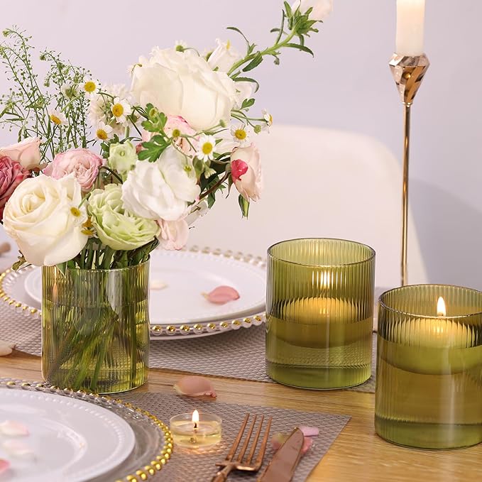 Glass Ribbed Cylinder Vase Set of 6, Bud Vase for Wedding Centerpieces, Green Flower Vases Bulk, Hurricane Floating Candle Holder, Decorative Flower Vase for Table Housewarming Gifts (Green)