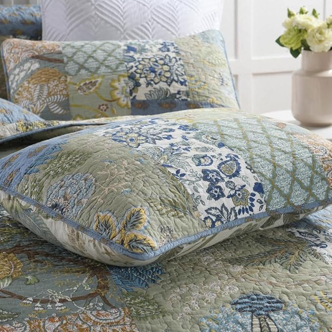 ENASAL Cotton Bedspread Quilt Sets Reversible Bedding Coverlet Sets Comforter, Patchwork Vintage Floral Paisley Farmhouse Pastoral Turquoise Bedspread, Queen Size