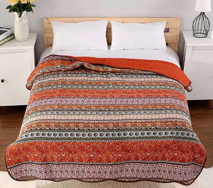 Cozyholy Boho Quilt Full Queen Size 100% Cotton Quilted Blanket Colorful Bohemian Striped Bedspread Coverlet Reversible Lightweight Stitch Vintage Bed Cover Throw Blanket for Couch Sofa Orange