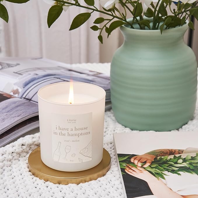 Literie NYC Inspired Scented Candle: I Have A House in The Hamptons - Rosé & Melon Scent, 9oz, 50 Hour Burn, Vegan Soy & Coconut Blend Candle for Home Decor, Gift for Women & Men