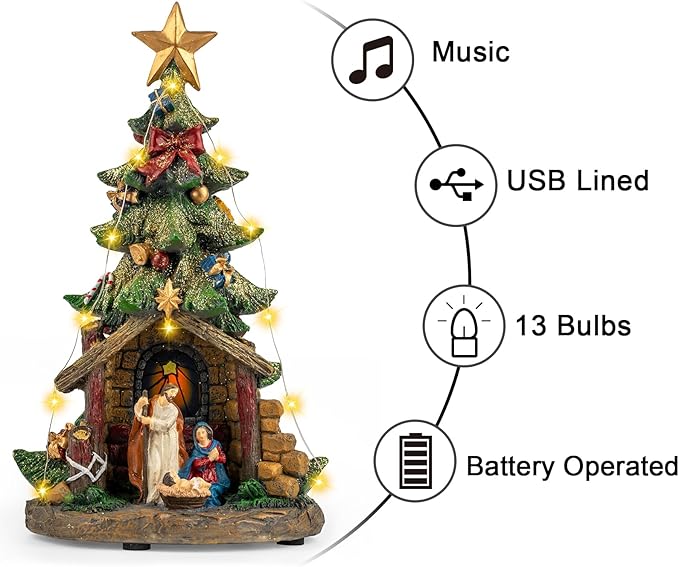 12'' Christmas Tree Lighted Manger Nativity Scene, Musical Holy Family Collectible Buildings Figurines LED Light Play Silent Night Music, Holiday Decorations Gifts for Family or Friends