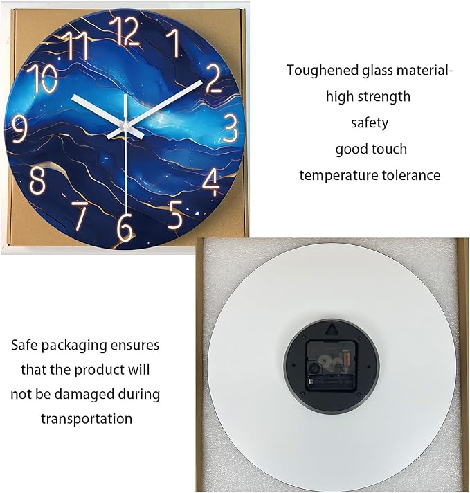 Glass Wall Clocks Battery Operated 14 Inch Modern Abstract Wall Clock for Bedroom Blue Wall Clock Silent Non Ticking