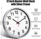 Geevon 12 Inch Atomic Wall Clock - Self-Setting Analog Clock with Automatic Time Sync - Battery Operated for Home Office School - Silver Frame