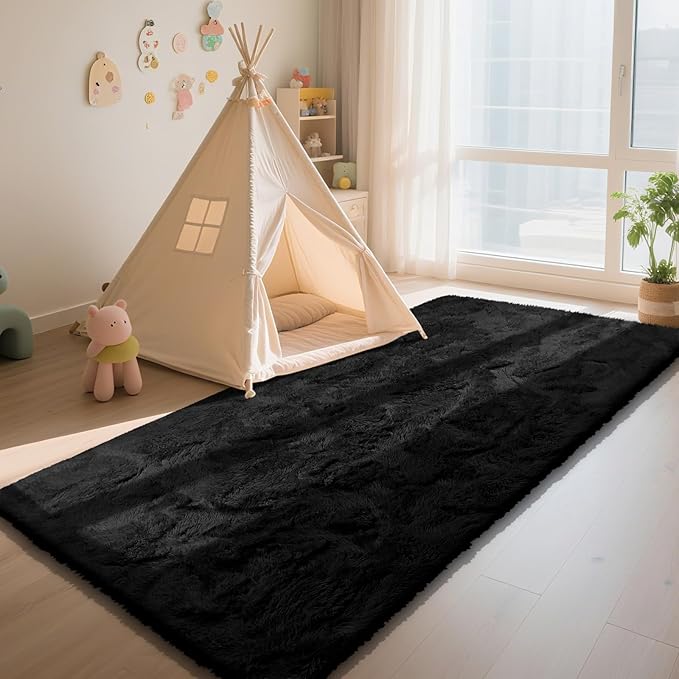 Soft Runner Rugs for Bedroom, Black 3x7 Area Rugs Fluffy Rug Shaggy Area Rug Carpet, Bedside Rug for Living Room Bedroom Kids Room Home Decor