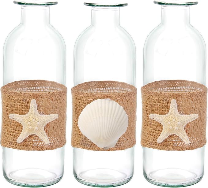 Shell Vase Set of 3 Coastal Vase,Small Starfish Seashell Flower Glass Vases Handcrafted for Beachy Decor,Beach Wedding/Party Beach Home Decor (Clear)