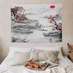 Cherry Blossoms Tapestry, Japanese Red Landscape Watercolor Abstract Art, Asian Japanese Wall Tapestry, Nature Landscape Tapestries for Bedroom Living Room Decor 40"x30"