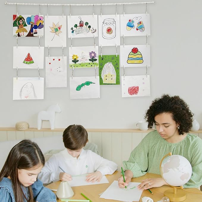 Art Display for Kids Artwork,Hanging Photo Display with 36 Clips, Boho Wooden Beads Kids Art Frame Display Holder for Classroom, Bedroom Wall Decor (White)