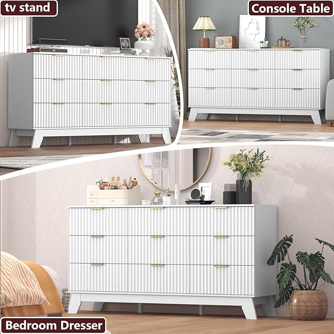 Fluted Dresser for Bedroom,9 Drawer Dresser for Closet,57" Wide Storage Cabinet and Chest of Drawers with Gold Handle,TV Stand,Storage Organizer for Living Room,Hallway,Entryway,White