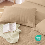 MUXHOMO 7 Pieces King Comforter Set, Seersucker Bed in a Bag King Size, All Season Luxury Bedding Set with Comforter, Flat Sheet, Fitted Sheet, Pillowcases & Shams, Khaki