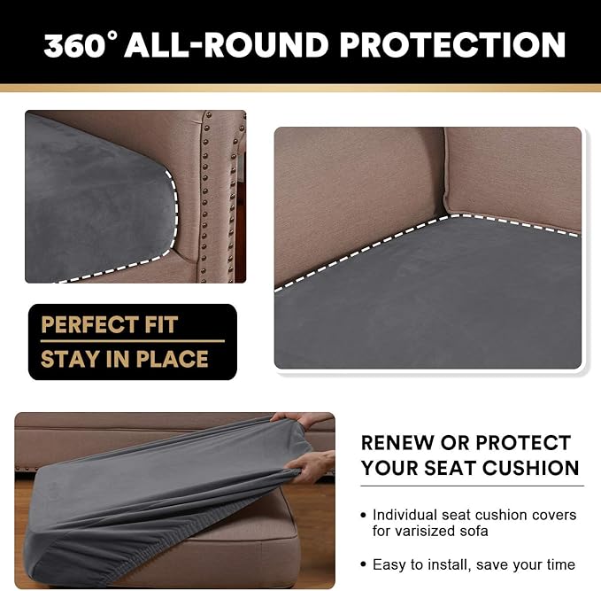 PrinceDeco Velvet Couch Cushion Cover Soft Stretch Cushion Slipcover for Chair Loveseat Sofa Cushion Furniture Protector Seat Cushion Sofa Cover (2 Piece Large Sofa Cushion Covers, Grey)