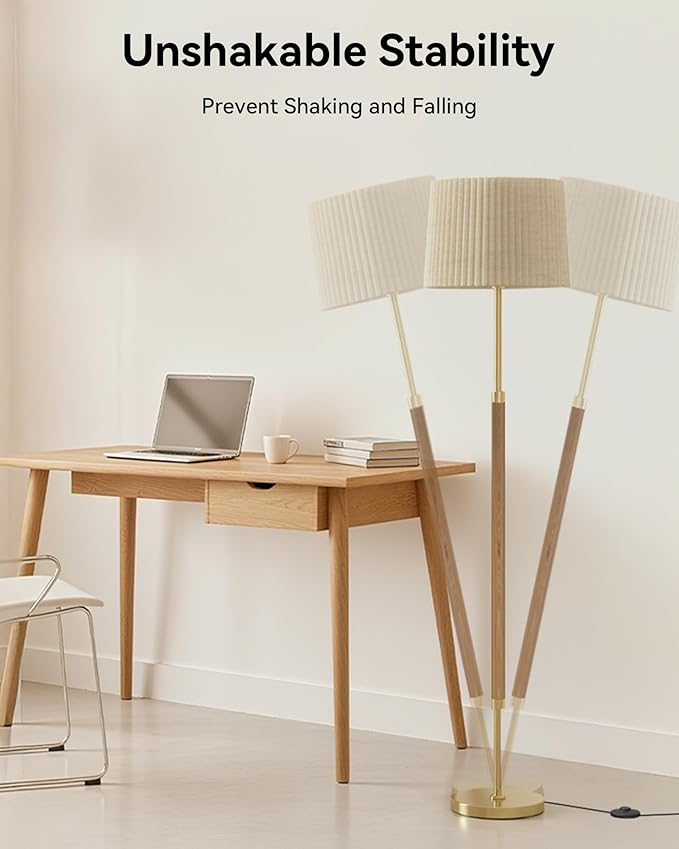 JOOFO Mid-Century Modern Wood Floor Lamp with Dual Fabric Shade, Remote Control, Dimmable & Adjustable Color Temperature, Reading & Living Room Lamp, Easy Clean Cover, Foot Switch