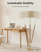 JOOFO Mid-Century Modern Wood Floor Lamp with Dual Fabric Shade, Remote Control, Dimmable & Adjustable Color Temperature, Reading & Living Room Lamp, Easy Clean Cover, Foot Switch