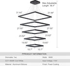 Square Led Chandelier Modern Led Hanging Light 5-Rings Contemporary Ceiling Pendant Light Dimmable Pendant Light for Living Room Kitchen Dining Room 15.7"+19.6"+23.6"+27.5"+31.4" Black
