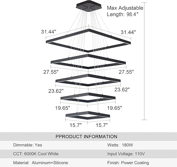Square Led Chandelier Modern Led Hanging Light 5-Rings Contemporary Ceiling Pendant Light Dimmable Pendant Light for Living Room Kitchen Dining Room 15.7"+19.6"+23.6"+27.5"+31.4" Black