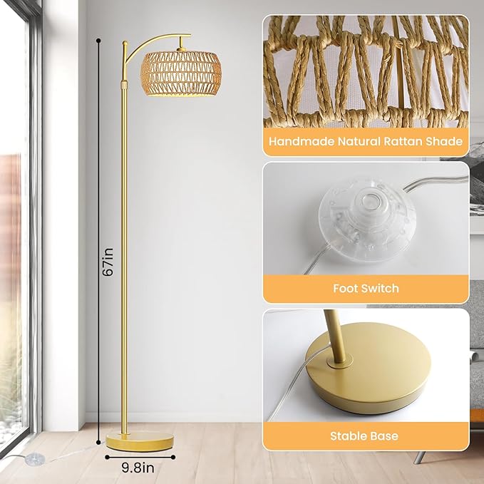 Arc Floor Lamp for Living Room,Farmhouse Floor Lamps with Remote Control & Dimmable Bulb,Gold Boho Rattan Tall Standing Lamp for Bedroom Office