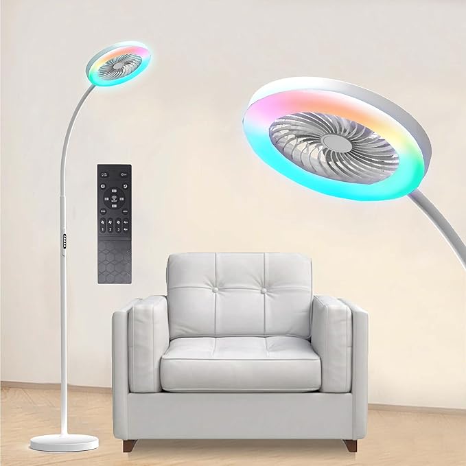 Floor Lamp with Fan Fan Light with RGB 12w/1000lm LED Floor Famp, Stepless Adjustable 3000K-6000K Color and Dimmer, Remote and Button Control, Adjustable Gooseneck Gloor Lamp (White-2)