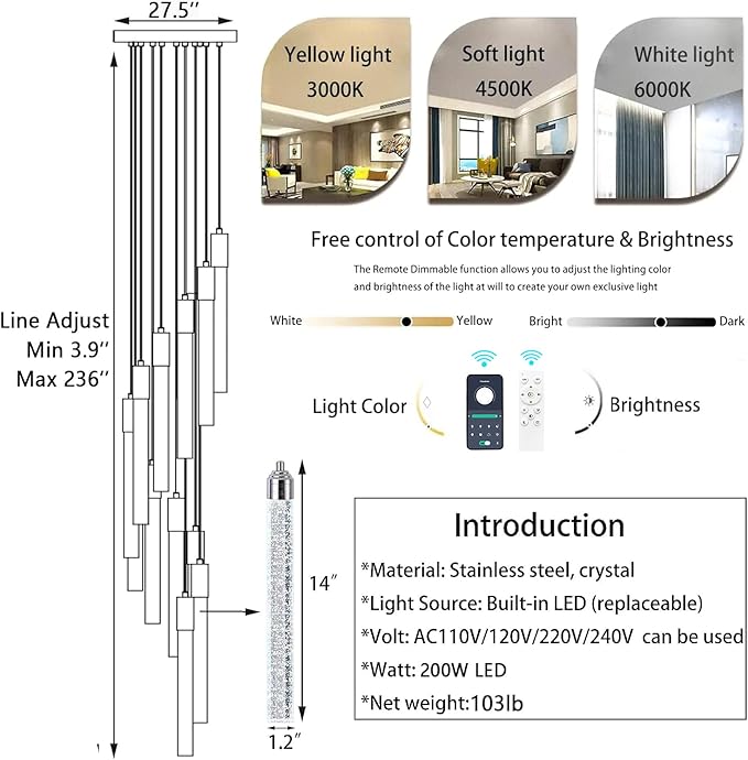 40 Lights Modern LED Crystal Chandeliers for Staircase 236'' Long High Ceiling Chandelier Dimmable Spiral Crystal Chandelier Hanging Light Fixture for Entryway Staircase Foyer Hallway