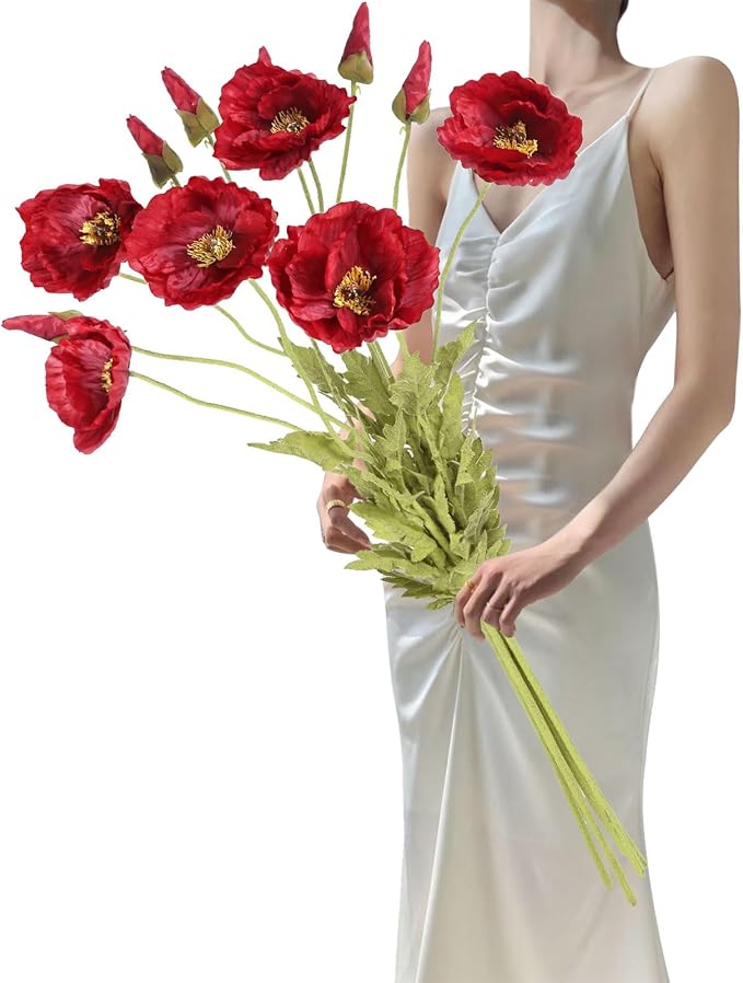 IPOPU 43.3" Red Poppy Flowers Artificial Flowers 6pcs Fake Silk Poppies Long Stem Artificial Flowers for Tall Vase for Wedding Party Home Decor(Red)