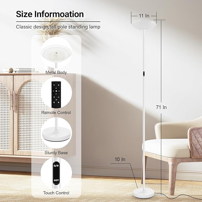 BoostArea Dimmable Floor Lamp,30W 3000LM Super Bright LED Torchiere Standing Lamp with Remote & Touch Control,71 in Tall Pole Sky Modern Floor Lamps for Living Room Bedroom Office,2700k-6500k,White