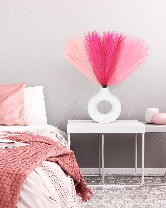 48pcs Pink Faux Pampas Grass Decor, 21.7inch Hot Pink Short Artificial Pompous Grass Fluffy Fake Pompas Grass Branches Vase Filler Flower Arrangement for Outdoors Wedding Centerpieces Decor