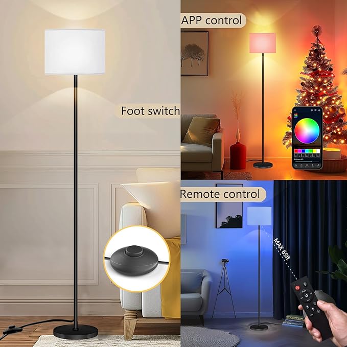Smart LED Floor Lamp with APP Control & RGB Colors - Dimmable Standing Lamp for Living Room, Bedroom, Gaming - Remote, Timer, 9W Bulb Included, 60.6" Modern Tall Lamp (White)