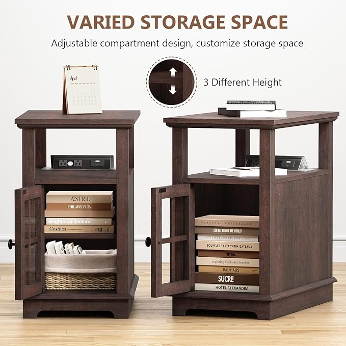 HIFYOBRO Narrow End Table with Flip Top Charging Station, Adjustable Shelf, Type-C & USB Port & Power Outlets, Side Table with Storage for Living Room/Bedroom/Home Office