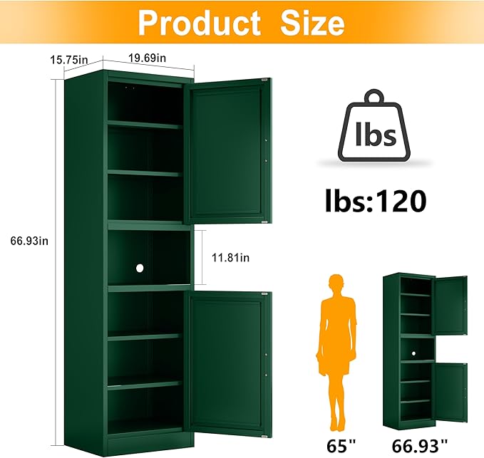Tall Narrow Storage Cabinet 66.93" H Tall Bathroom Cabinet Metal Pantry Cabinets, 4 Adjustable Shelves for Kitchen, Home Office, Living Room, Dinning Room (20 inches Wide Green)