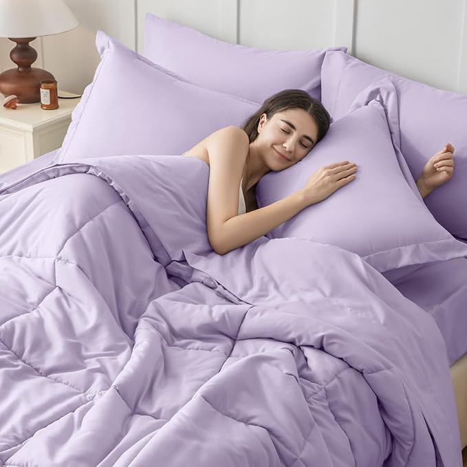JOLLYVOGUE Queen Comforter Set, Ultra-Soft Bed in a Bag Queen Size 7 Pieces, Oeko-TEX Certified Bedding Set with Down Alternative Comforter, Sheets, Pillowcases & Shams, Lavender