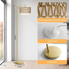 Arc Floor Lamp for Living Room,Gold Floor Lamps with Remote Control & Dimmable Bulb,Rattan Boho Tall Standing Lamp for Bedroom Office