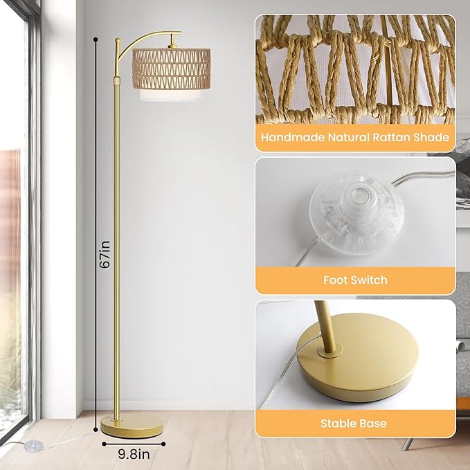Arc Floor Lamp for Living Room,Gold Floor Lamps with Remote Control & Dimmable Bulb,Rattan Boho Tall Standing Lamp for Bedroom Office