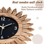 Honiway Wall Clock Battery Operated 12 in Rustic Wood Boho Sunburst Decorative Wall Clock Silent Non Ticking Farmhouse Small Wall Clocks for Living Room Kitchen Bathroom Bedroom Decor (Rustic Brown)