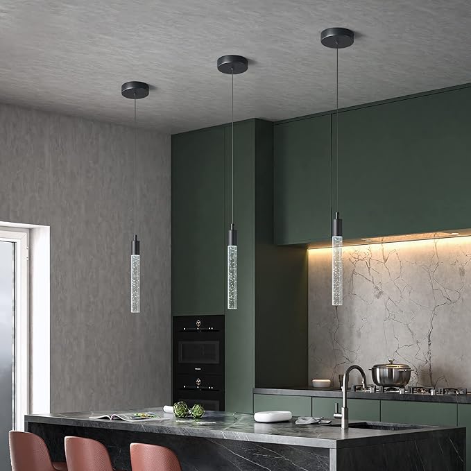 Modern Kitchen Island Pendant Light Dimmable LED Black Finish Mini Crystal Pendant Lighting Bedroom Bedside Table Small Pendant Lights（1-Pack）