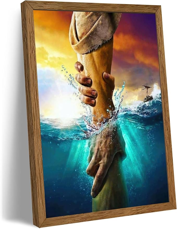 Solid wood Framed Jesus Christ Canvas Wall Art The Hand of God Jesus Reaching Into Water Christian Painting Prints Biblical Wall Decor Religious Room Decor for Church Prayer Room Schools 16'' x 24''