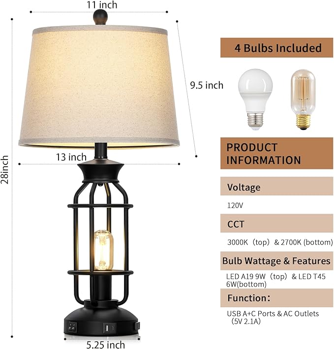 28" Vintage Table Lamps with USB C+A Ports & AC Outlet, Industrial Farmhouse Table Lamp Set of 2, Black Modern Nightstand Beside Lamps with 2 Night Light for Living Room Bedroom(4 LED Bulbs Included)